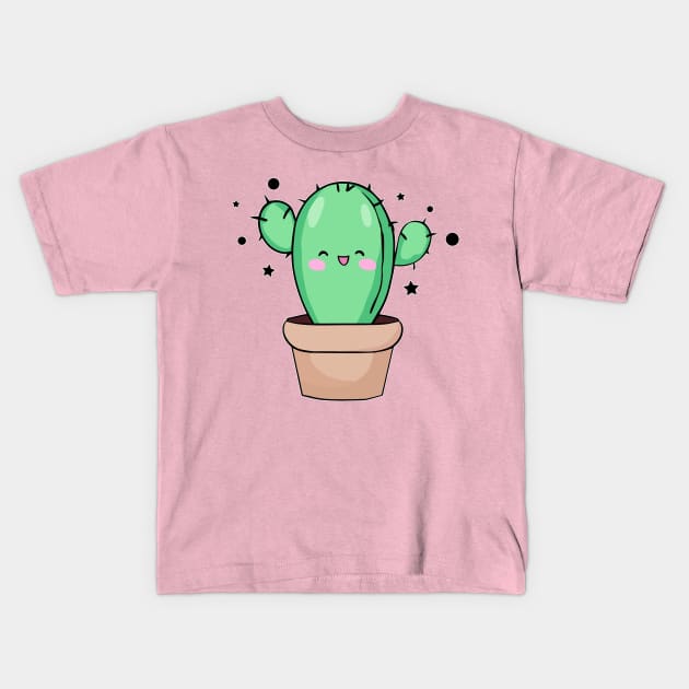 Happy smiling baby cactus in vase with stars. Kawaii cartoon Kids T-Shirt by SPJE Illustration Photography